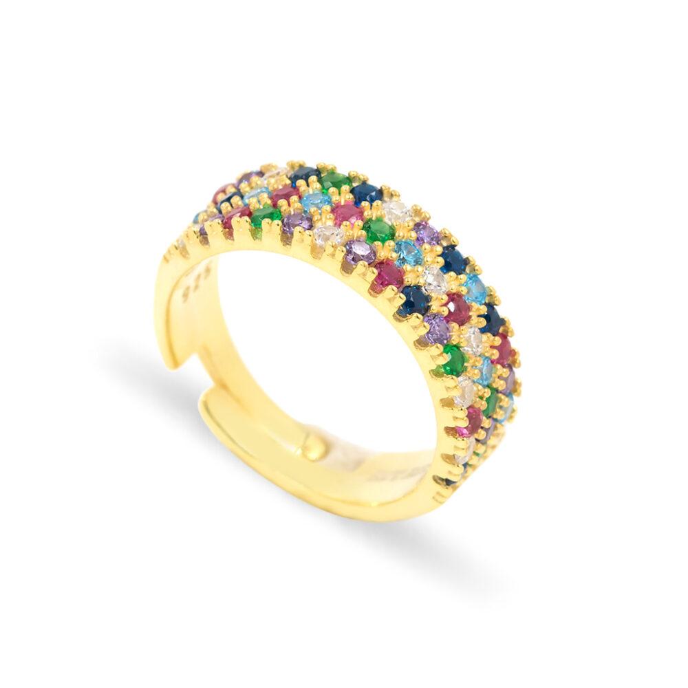 asimenio daxtylidi me polixromes petres epixrisomeno silver rainbow adjustable ring gold plated Ring in Multicolor - Gold Plated - ασήμι 925