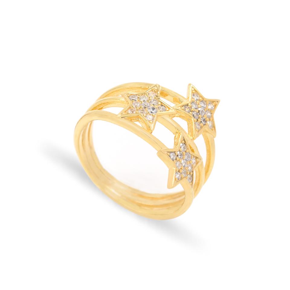 asimenio daxtydi asteria zirgkon epixrisomeno silver star ring zircon gold plated Triple Stars Ring - Gold Plated - ασήμι 925