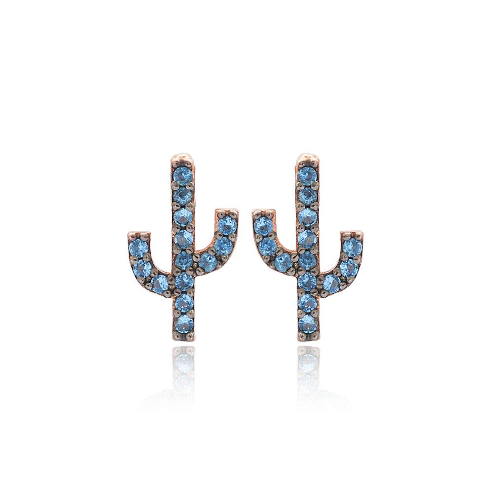 koumpota asimenia skoularikia me kakto aquamarine zirgkon epixrisomena aquamarine cactus stud earrings rose gold plated scaled Σκουλαρίκια Καρφωτά Arizona Cactus Ροζ Επιχρυσωμένο Ασήμι 925 - ασήμι 925