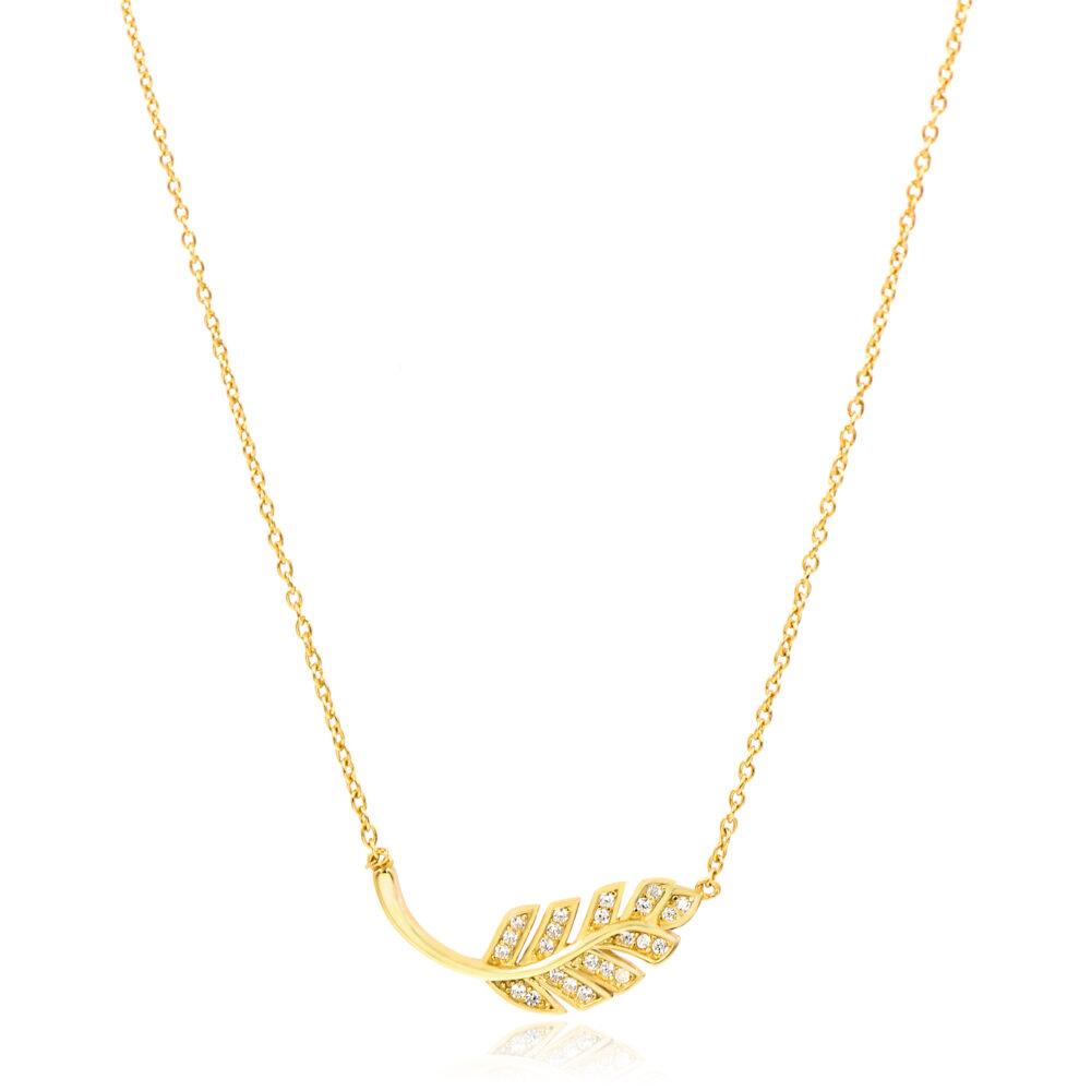 asimenio kolie fulllo zirgkon epixrisomeno silver leaf necklace zircon gold plated Leaf Κολιέ Κίτρινο Επιχρυσωμένο Ασήμι 925 - ασήμι 925