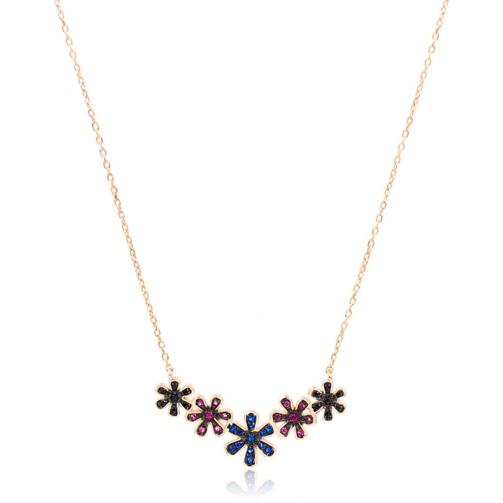 flower necklace colorful zircon silver rose gold plated Flower Necklace - Rose Gold Plated - ασήμι 925