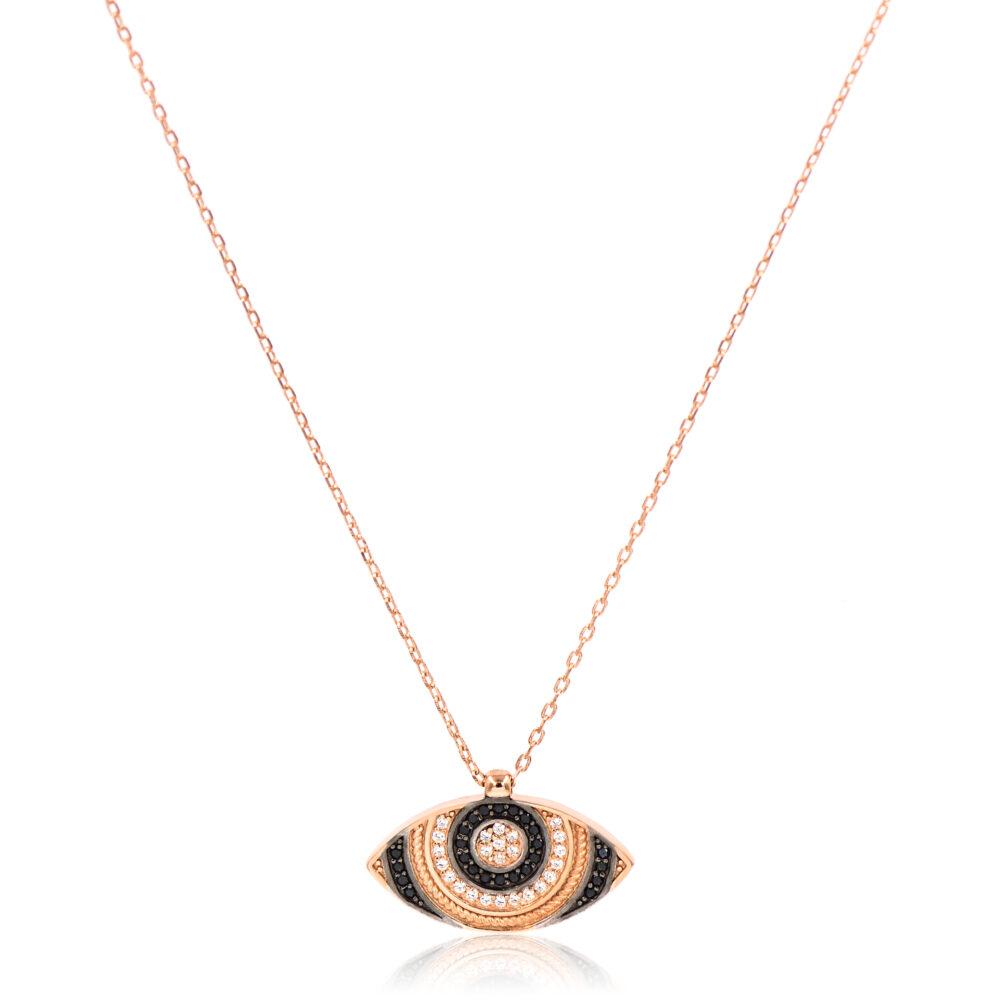 silver evil eye necklace black zircon rose gold plated Evil Eye Necklace - Rose Gold Plated - ασήμι 925