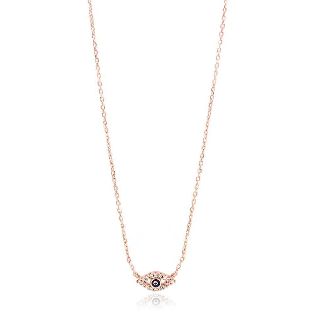 silver eye necklace zircon rose gold plated 1 Minimal Evil Eye Necklace and Minimal Eye Drop Stud Earrings Gift Set - Rose Gold Plated - ασήμι 925