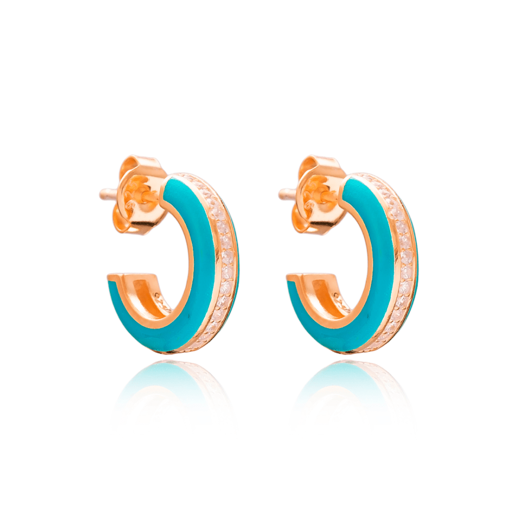 turquoise enamel hoop silver earrings rose gold Σκουλαρίκια Κρίκοι Ροζ Επιχρυσωμένο ασήμι 925 τιρκουάζ σμάλτο - ασήμι 925
