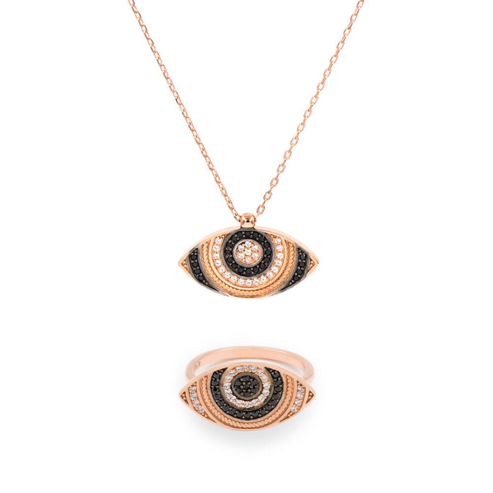 evil eye necklace and ring silver rose gold plated Evil Eye Necklace & Evil Eye Ring Gift Set - Rose Gold Plated - ασήμι 925