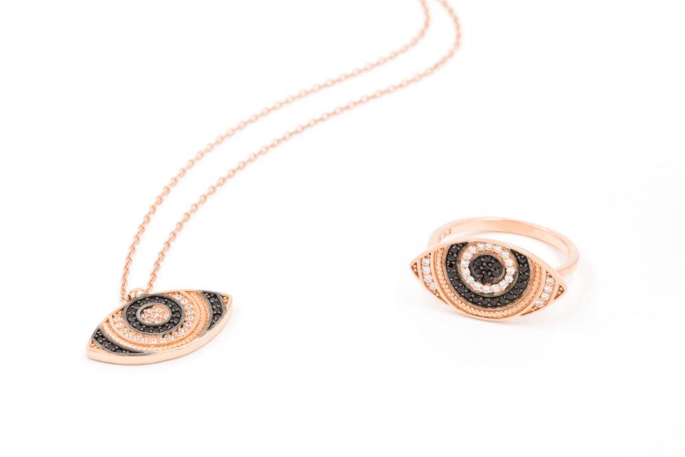 evil eye necklace and ring silver rose gold plated 2 Evil Eye Necklace & Evil Eye Ring Gift Set - Rose Gold Plated - ασήμι 925