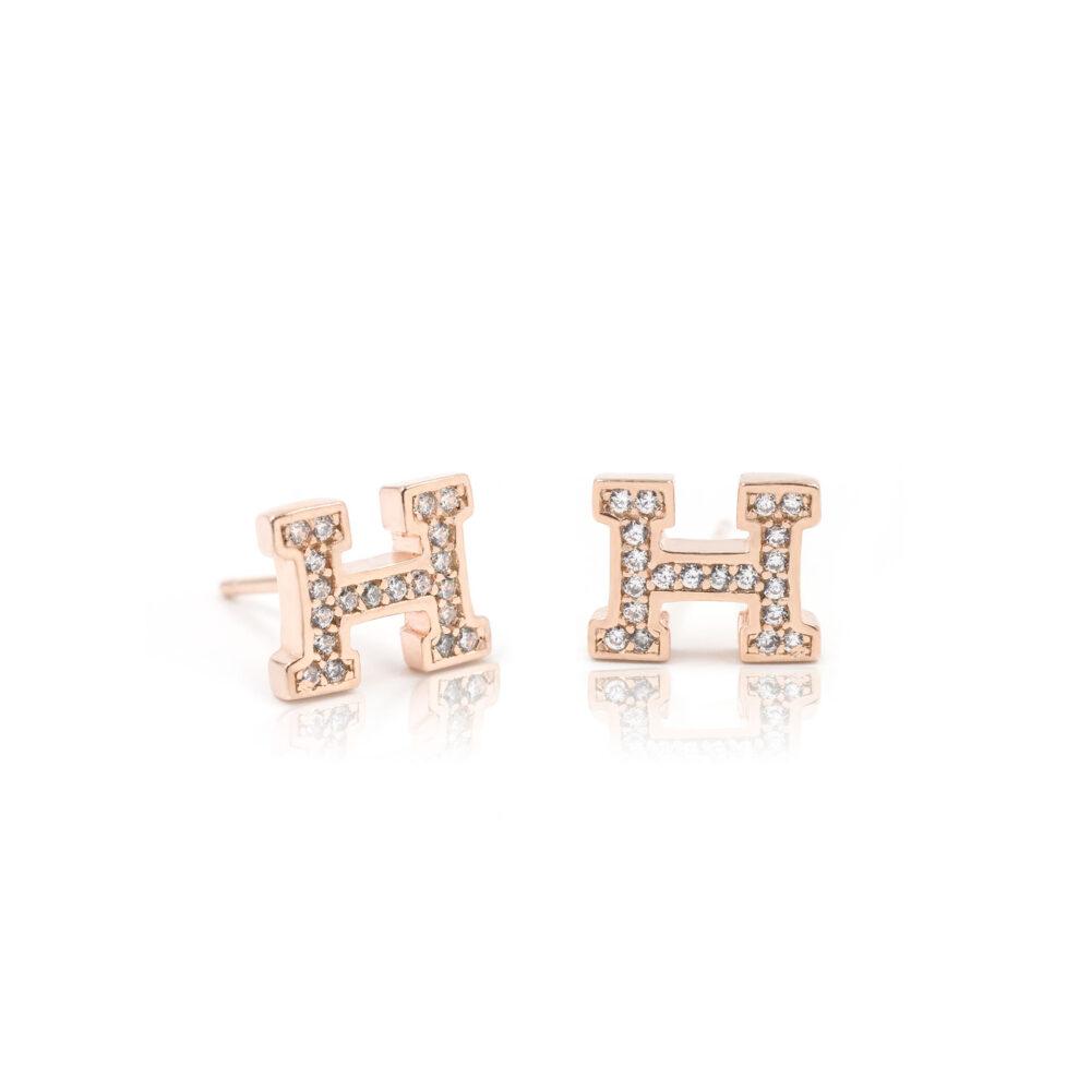 letter H stud earrings rose gold plated2 Letter H Καρφωτά Σκουλαρίκια Ροζ Επιχρυσωμένο Ασήμι 925 - ασήμι 925
