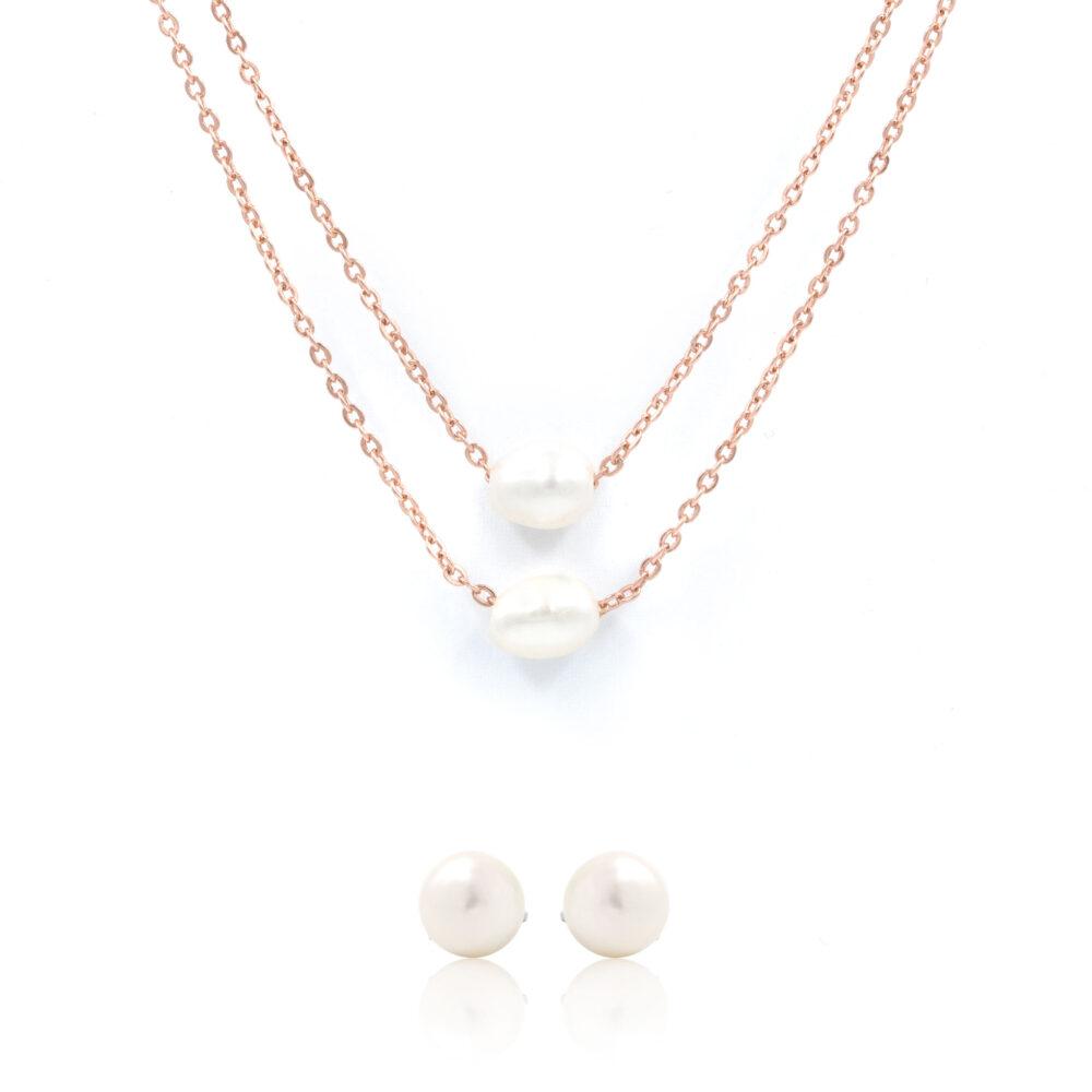 pearl necklace and stud earrings silver rose gold plated Σετ Κολιέ & Σκουλαρίκια Pearl Ασήμι 925 - ασήμι 925