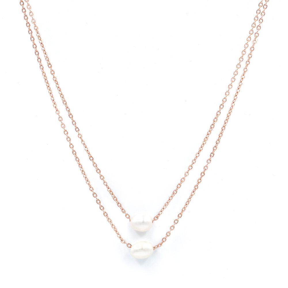 pearl necklace silver rose gold plated Dot Necklace in White Pearl- Rose Gold Plated - ασήμι 925