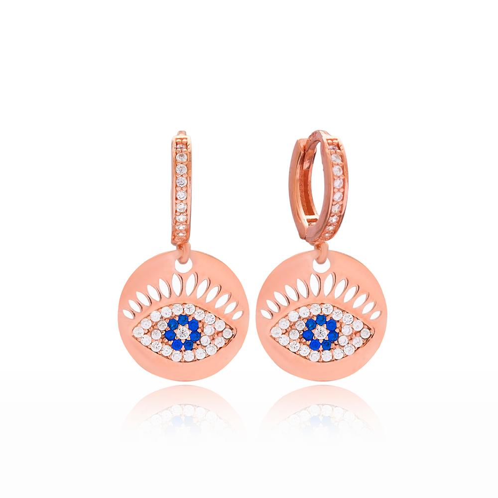 evil eye hoop earrings rose gold plated Sapphire Evil Eye Κρικάκια Ροζ Επιχρυσωμένο Ασήμι 925 με μπλε ζιργκόν - ασήμι 925