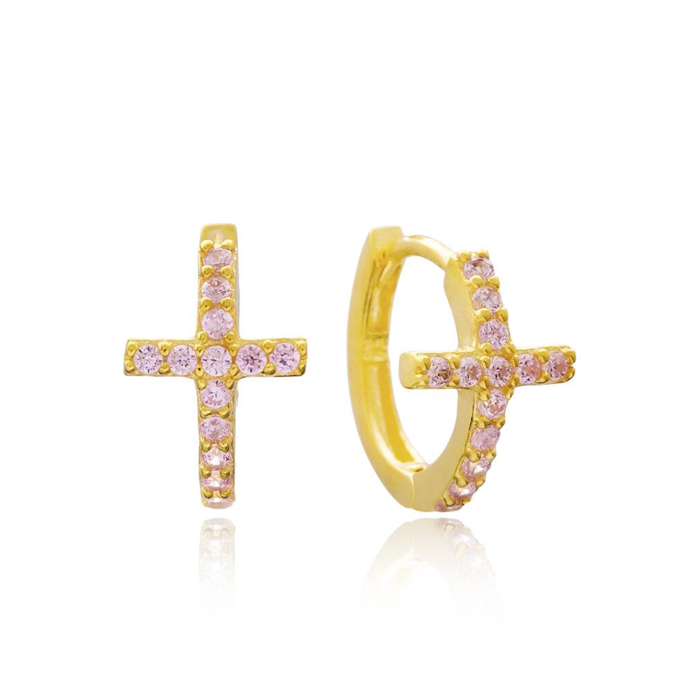 mini cross hoop earrings silver gold plated scaled Κρικάκια Pink Cross Κίτρινο Επιχρυσωμένο Ασήμι 925 - ασήμι 925