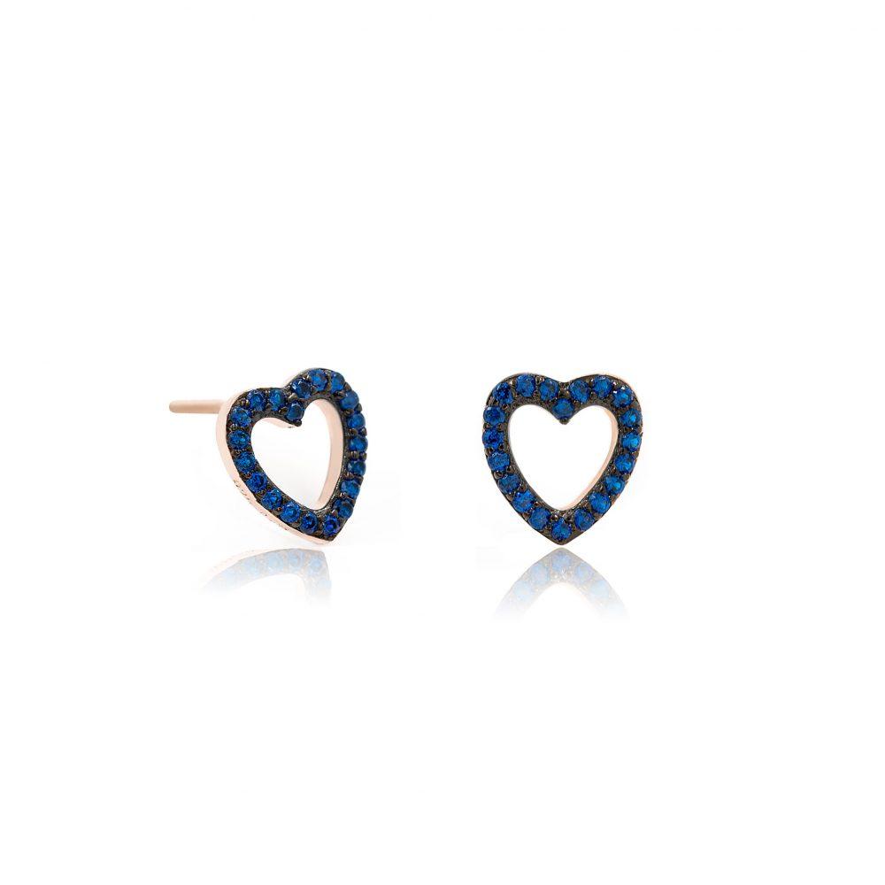 MG 0878R Heart Stud Earrings in Blue Zircon - Rose Gold Plated - ασήμι 925