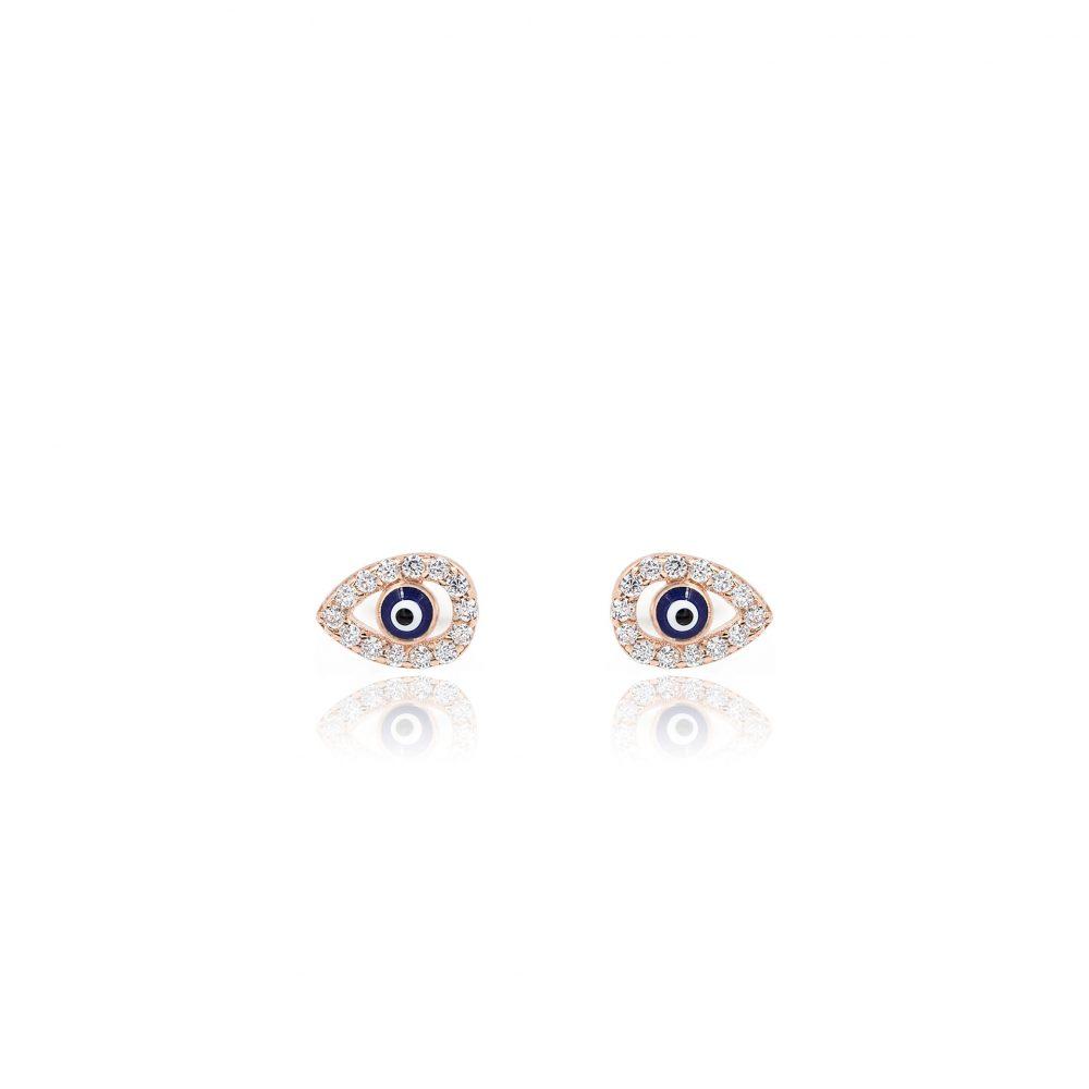 MG 0888R Minimal Evil Eye Necklace and Minimal Eye Drop Stud Earrings Gift Set - Rose Gold Plated - ασήμι 925