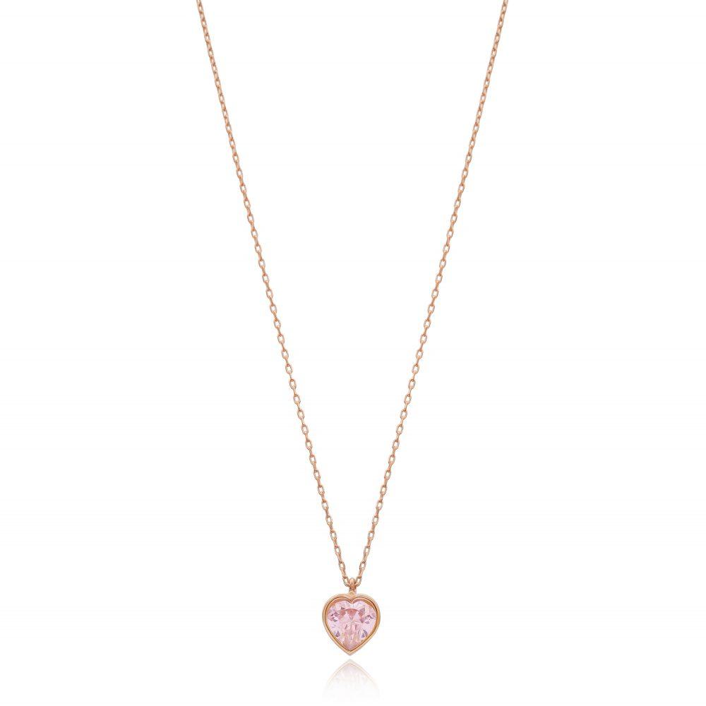 heart necklace in pink zircon rose gold plated scaled Σετ Κολιέ Heart Pink & Σκουλαρίκια Καρφωτά Rοund Pink Ροζ Επιχρυσωμένο Ασήμι 925 - ασήμι 925