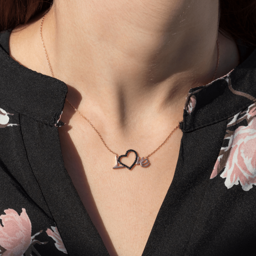 love necklace in black zircon Rose Gold Plated Love Necklace in Black Heart - Rose Gold Plated - ασήμι 925