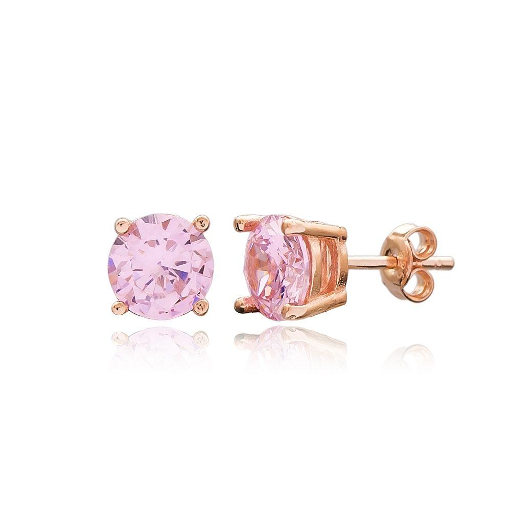 round stud earrings in pink zircon scaled Round Stud Earrings in Pink Zircon - Rose Gold Plated - ασήμι 925
