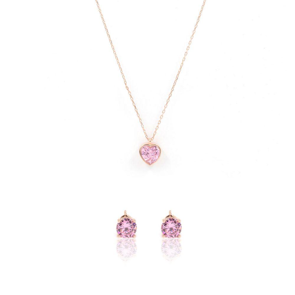 heart necklace studs in pink zircon rose gold plated Σετ Κολιέ Heart Pink & Σκουλαρίκια Καρφωτά Rοund Pink Ροζ Επιχρυσωμένο Ασήμι 925 - ασήμι 925
