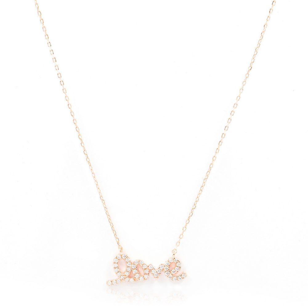 love necklace in white zircon Κολιέ Love Ροζ Επιχρυσωμένο Ασήμι 925 - ασήμι 925