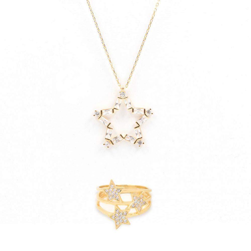 set star necklace ring gold plated Star Necklace and Triple Stars Ring Gift Set – Gold Plated - ασήμι 925