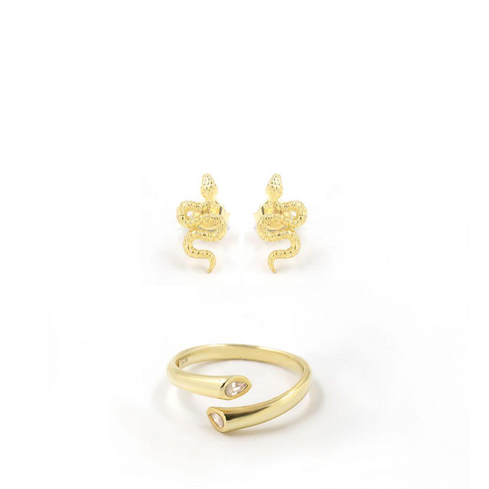 snake stud earrings and double drop ring gift set–gold plated Σετ Σκουλαρίκια Καρφωτά Snake & Δαχτυλίδι Double Drop Κίτρινο Επιχρυσωμένο Ασήμι 925 - ασήμι 925