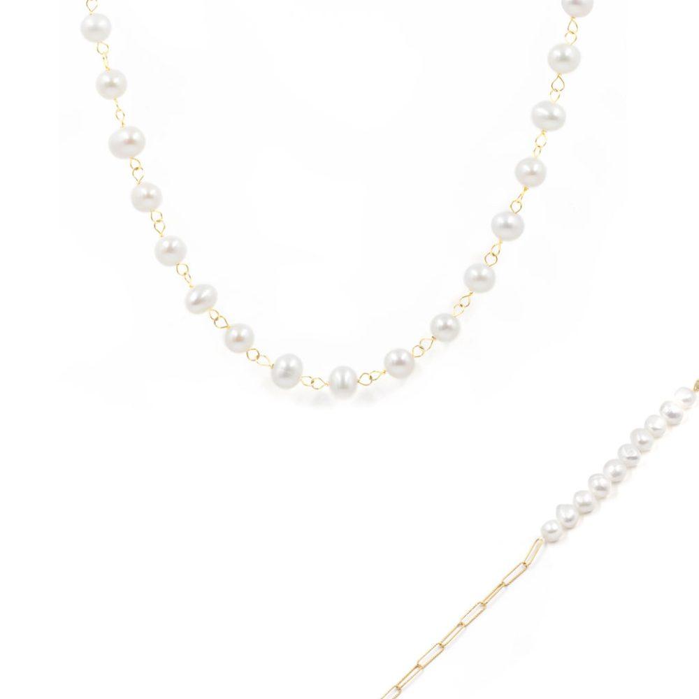 pearls necklace chain link bracelet silver gold plated Σετ Κολιέ & Βραχιόλι Pearls Κίτρινο Επιχρυσωμένο Ασήμι 925 - ασήμι 925