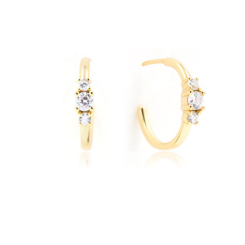 three stone hoop earrings silver gold plated 1 Σκουλαρίκια Κρικάκια Three Stone Κίτρινο Επιχρυσωμένο Ασήμι 925 - ασήμι 925
