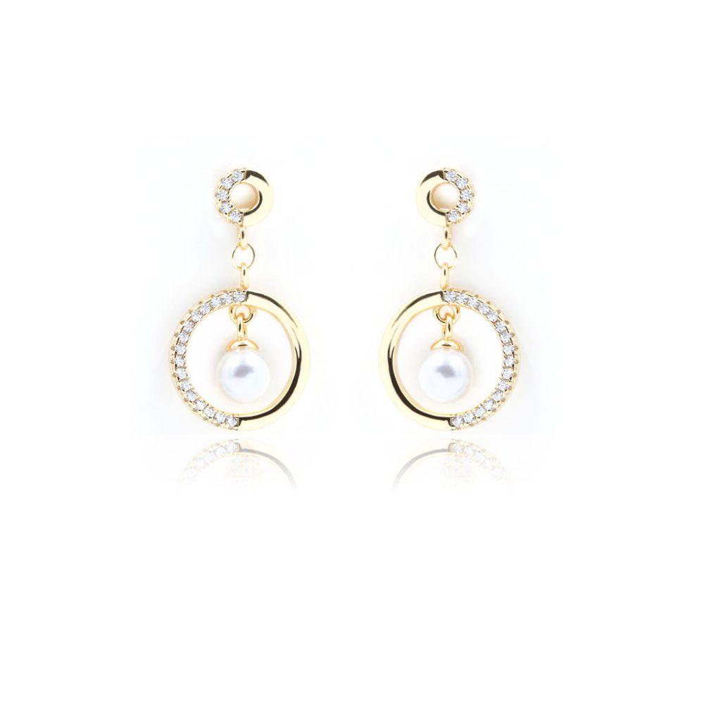 Double Circles Earrings in White Pearl Σκουλαρίκια Double Circles Κίτρινο Επιχρυσωμένο Ασήμι 925 Με Πέρλα - ασήμι 925