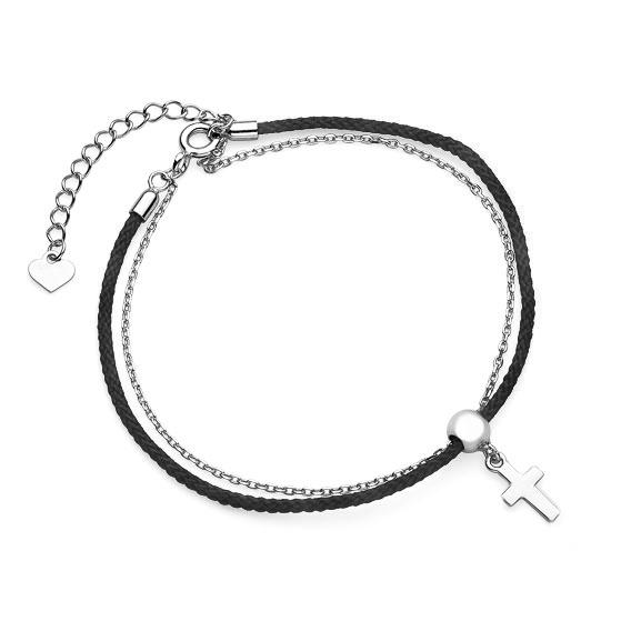 Cross Black Cord Bracelet– Rhodium Plated Cross Black Cord Bracelet – Rhodium Plated - ασήμι 925