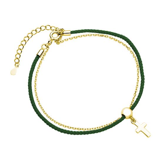 Cross Green Cord Bracelet–Gold Plated Βραχιόλι Cross Green Κίτρινο Επιχρυσωμένο Ασήμι 925 - ασήμι 925