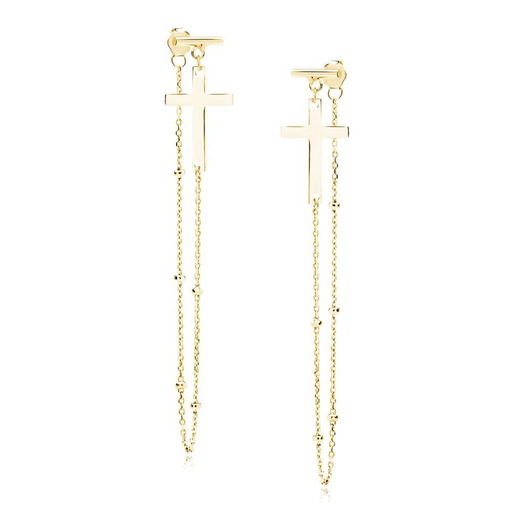 Cross Long Chain Earrings with Balls–Gold Plated Cross Long Chain Earrings with Balls – Gold Plated - ασήμι 925