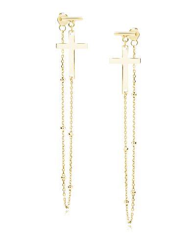 Cross Long Chain Earrings with Balls–Gold Plated Ασημένια κοσμήματα cutiecute.gr επιχρυσωμένα, ροζ χρυσό, χρυσό, ασήμι 925 - ασήμι 925