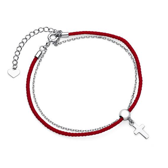 Cross Red Cord Bracelet– Rhodium Plated Cross Red Cord Bracelet – Rhodium Plated - ασήμι 925