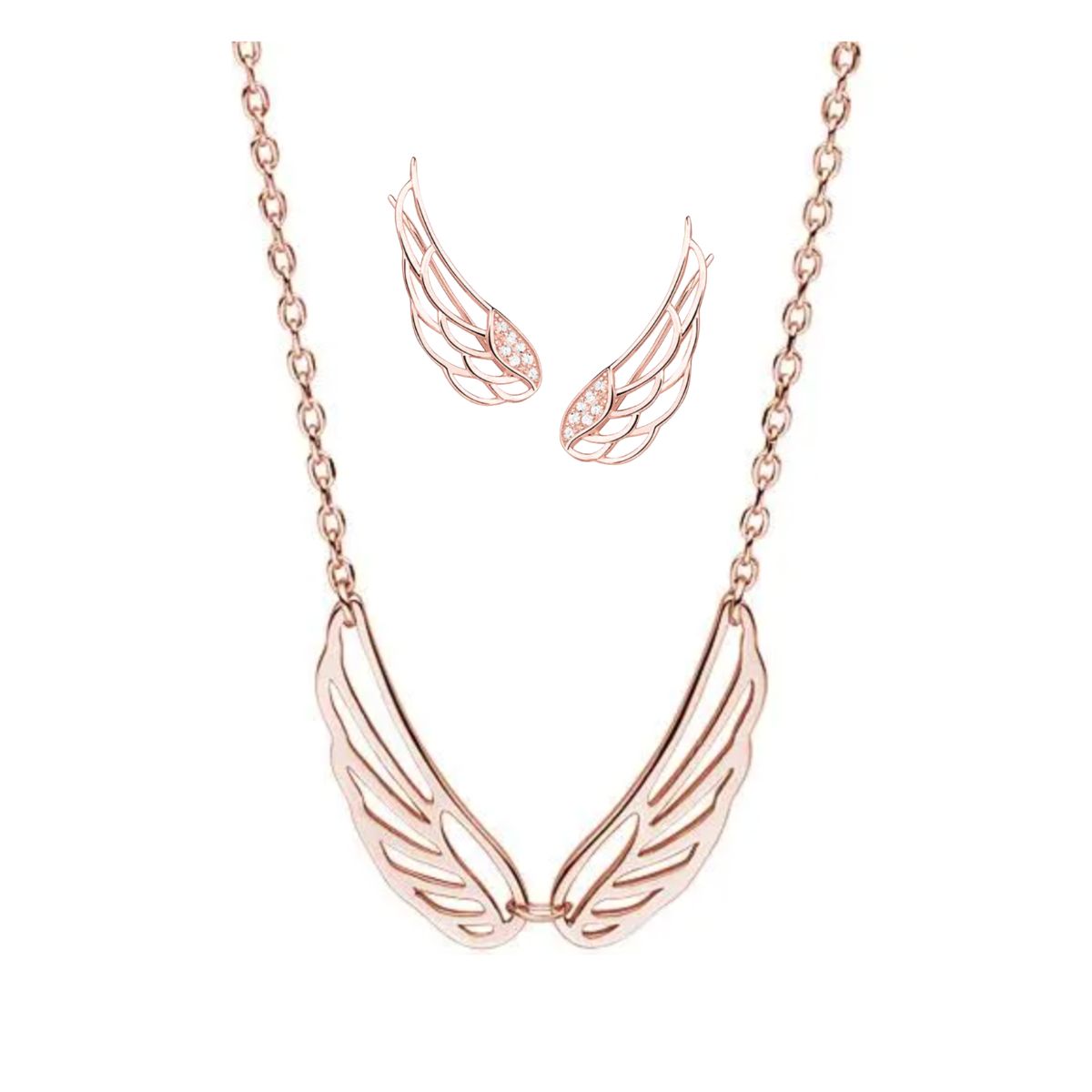 angel wing necklace and ear climber earrings Double Angel Wing Necklace and Ear Climbers – Rose Gold Plated - ασήμι 925